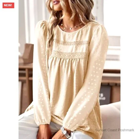 Swiss Dot Puff Sleeve Boho Top in Cream Crochet Lace Edges Coquette Spring New - Picture 2 of 7